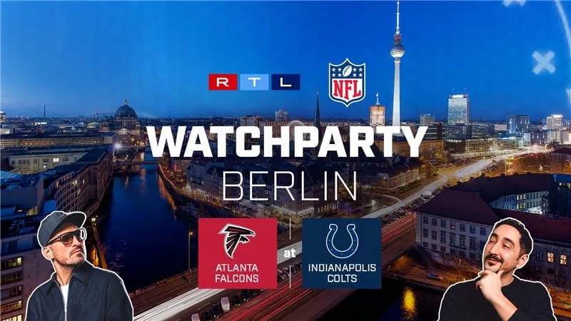 Werbegrafik zur RTL Watchparty Berlin mit den Teams New England Patriots und Detroit Lions.
